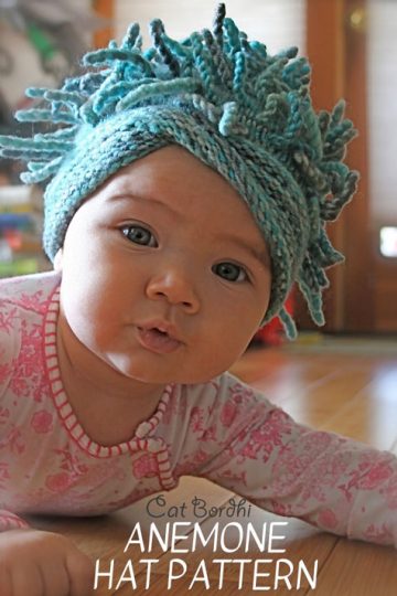 Cat Bordhi's Anemone Hat. The knitting pattern includes the Everyday Anemone in 5 sizes, from baby to large adult, and a heavier version, the Arctic Anemone, in 2 adult sizes. Both versions give you the choice of Moebius brim or a simple circle brim.