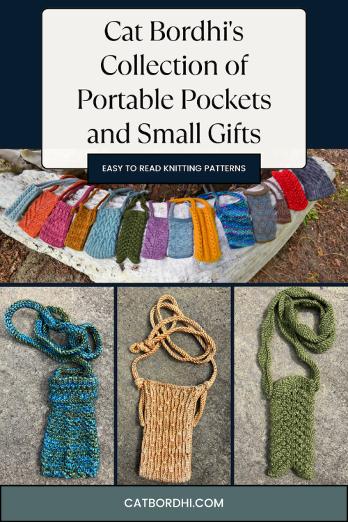 The small and practical projects that invite you to delight in making something truly beautiful. These small projects can become a relatively quick and inexpensive gift for almost anyone. If you’re a sock knitter, you’ll be happy to realize that just about any sock leg design can become a pouch. Easily resized, these portable pockets can carry eyeglasses, keys, or even become small purses (sew a zipper at the top if you like). At the end, you’ll find instructions for adding an optional fabric lining. This does not require a sewing machine or any previous sewing skills and if you have never sewn before, you may find it a bit of a thrill to realize you can.